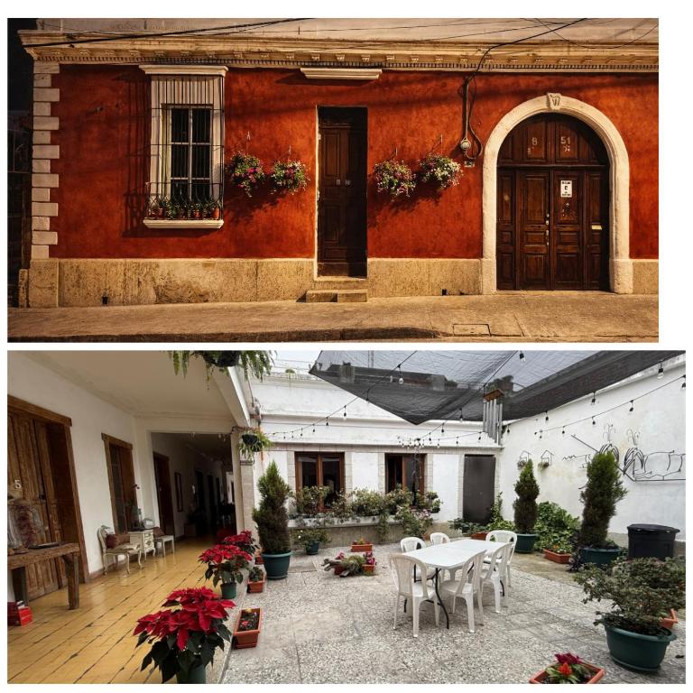 two pictures of a building with a table and chairs at CASA DE LAS FLORES in Guatemala