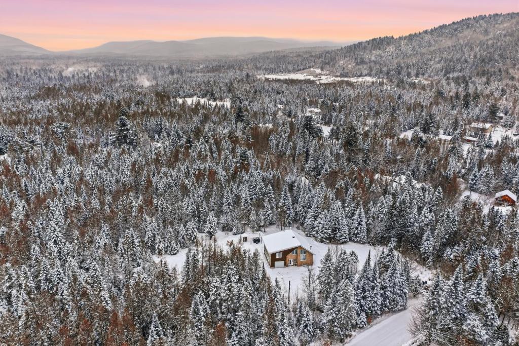 an aerial view of a cabin in the snow at Private Forest Spa Retreat - Modern Chalet in Chertsey