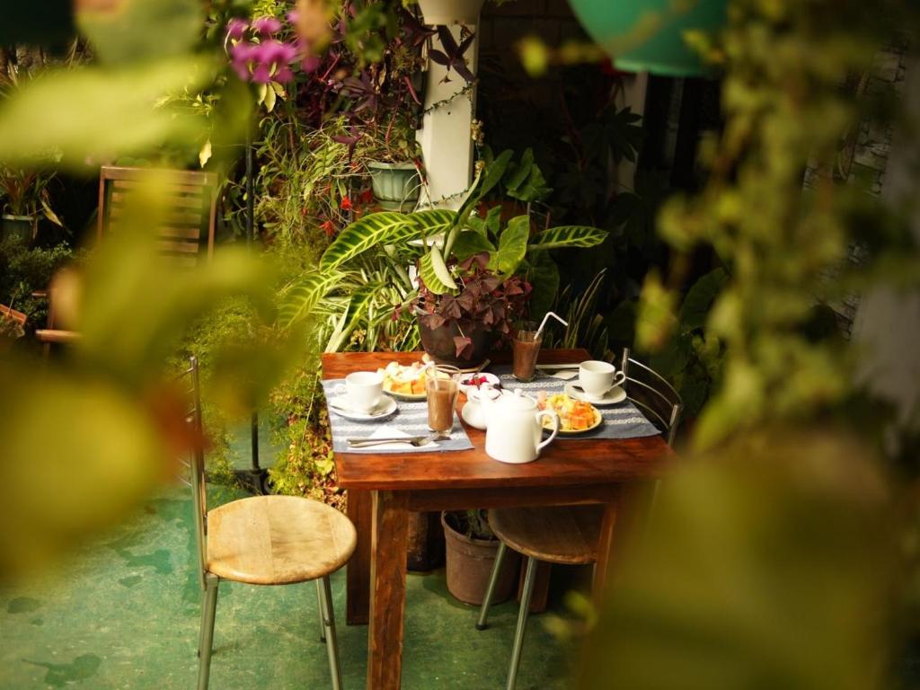 a table with plates of food on it with plants at Redwood inn homestay in Nuwara Eliya