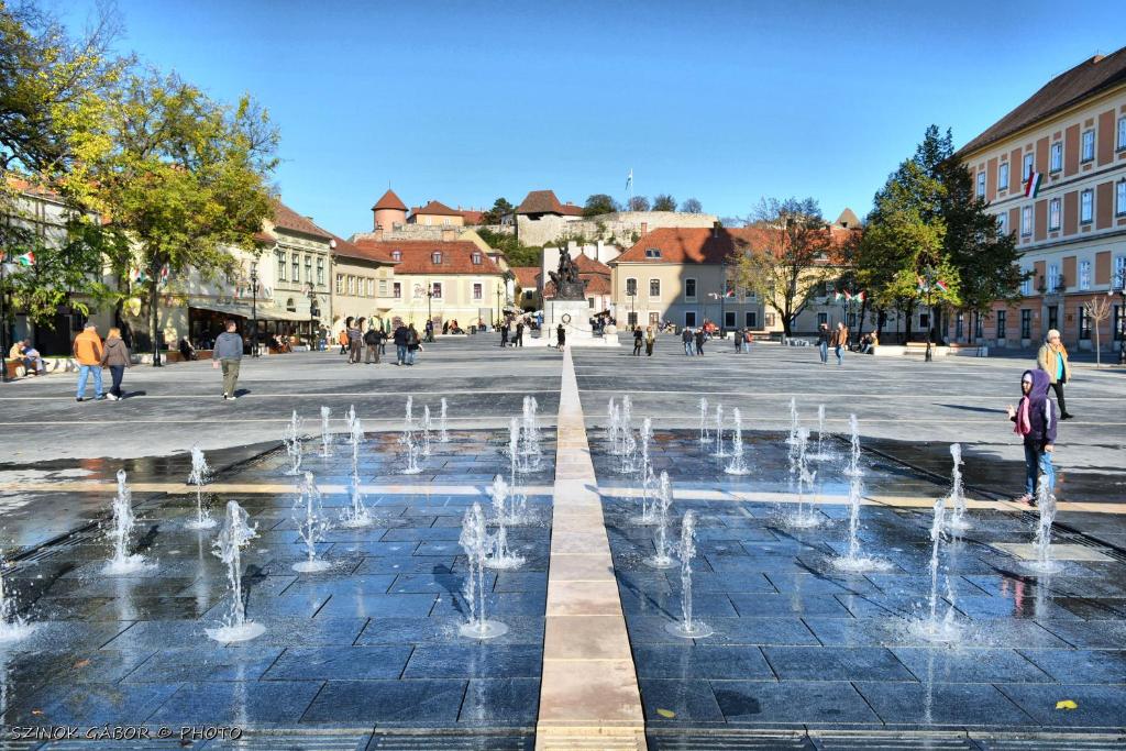 un grupo de personas caminando alrededor de una fuente en una plaza en Agria Residence, en Eger