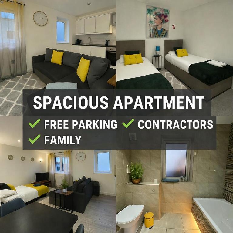 two pictures of a living room and a apartment at Spacious contactor family Apartment in Swindon