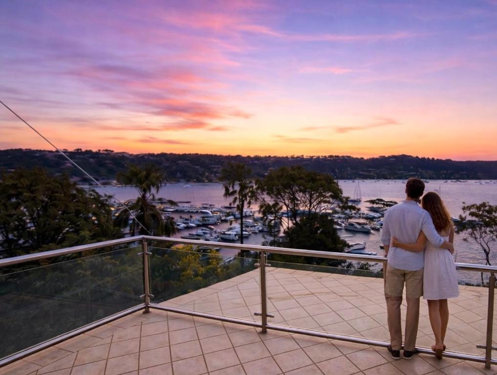 a couple standing on a balcony watching the sunset at BlueWater Penthouse GuestSuite 2 in Newport