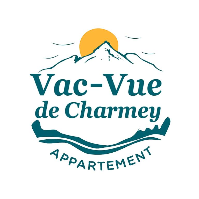 a label with a mountain and the sun over the water at Vac-Vue de Charmey in Charmey