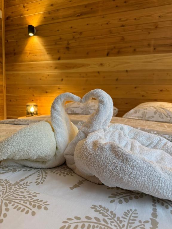 two swans making a heart on a bed at Le ptit Chalet du bonheur in Entre-Deux