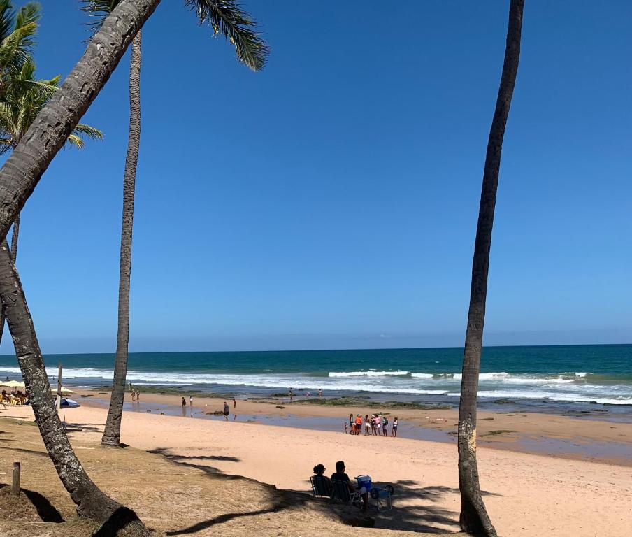 a group of people sitting on a beach with palm trees at A passos do paraíso!! in Lauro de Freitas