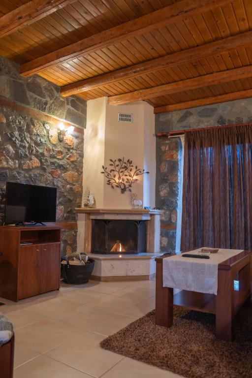 a living room with a fireplace and a tv at ΞΕΝΩΝΑΣ ΘΕΑ in Palaios Agios Athanasios