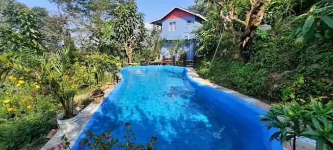a large blue swimming pool in front of a house at MountainBrew Homestay in Takdāh