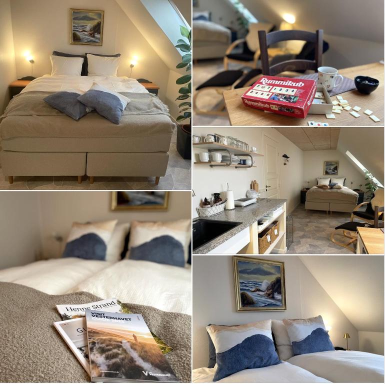 a collage of four pictures of a bedroom at Nygaard B&B in Nørre Nebel