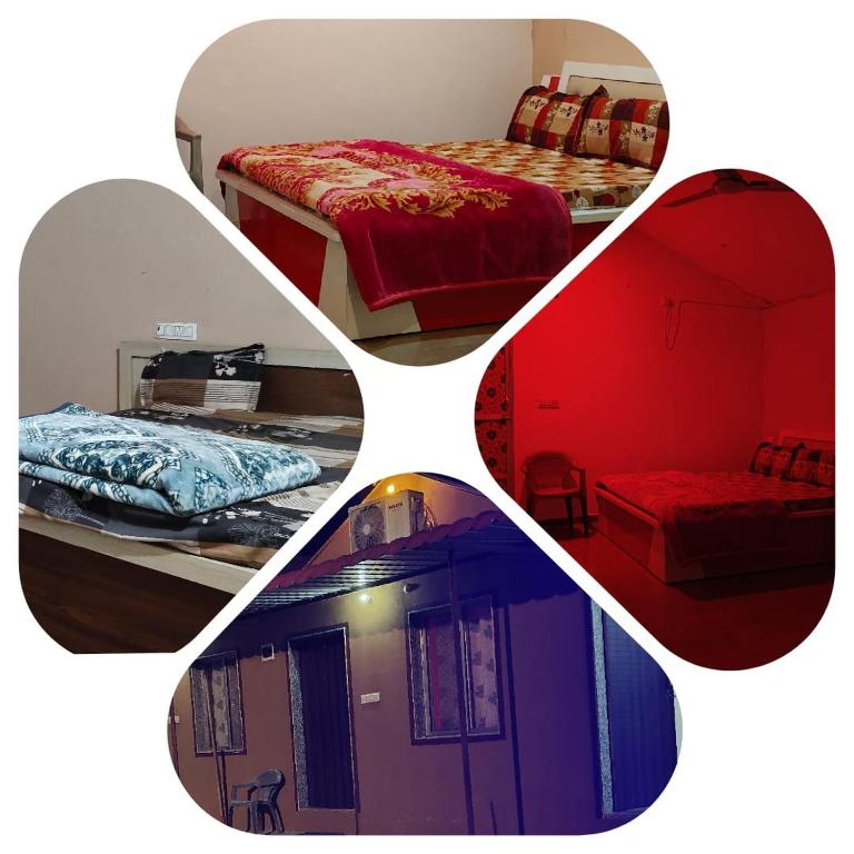 two photos of a bedroom with two beds and a mirror at Fortune Heritage Resort in Baori Thikria