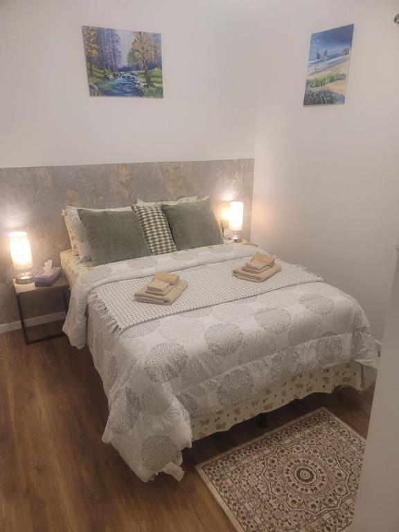 a bedroom with a large bed with two lamps at Warm cozy 1 bdrm close to Hwy in Edmundston