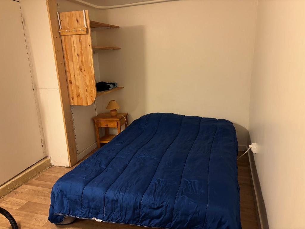 a bedroom with a blue blanket on a bed at Octavie in Villeurbanne