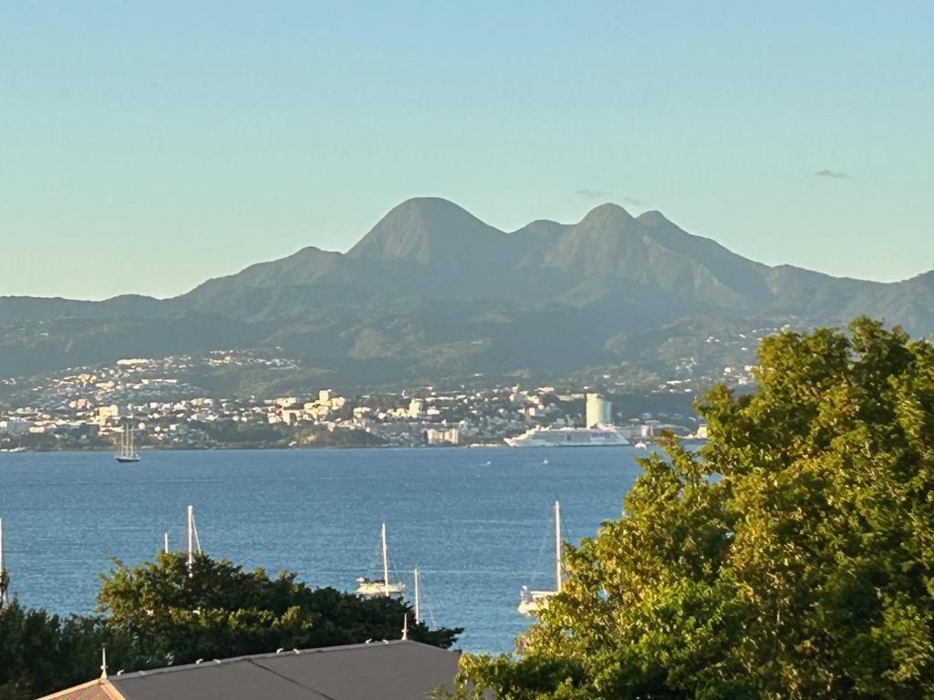 a view of a large body of water with mountains at La bellevue in Les Trois-Îlets
