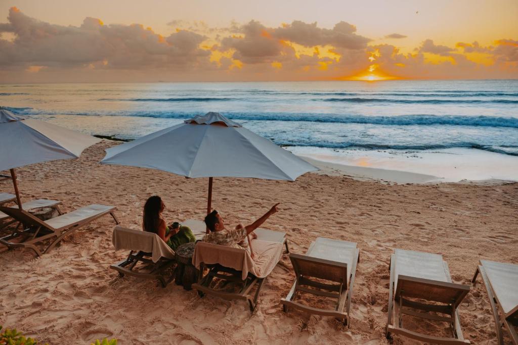 two people sitting under an umbrella on the beach at Petit Lafitte Beach Front Hotel & Bungalows in Playa del Carmen
