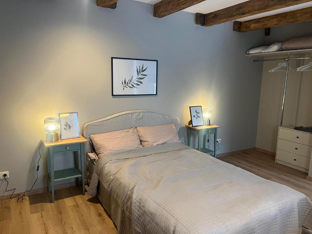 a bedroom with a bed and two end tables at A33 central studio aparthotel in Liepāja