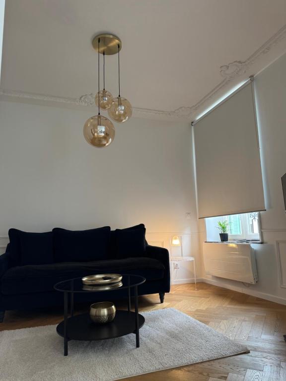 a living room with a black couch and a table at La suite du parc 2 in Nancy