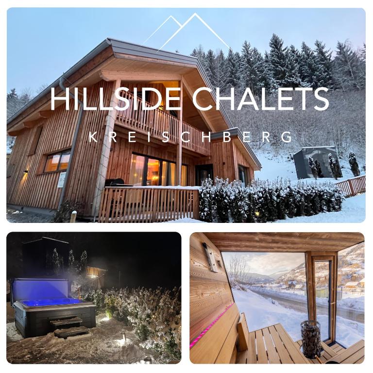a collage of pictures of a log cabin at Hillside Chalet Kreischberg in Sankt Lorenzen ob Murau