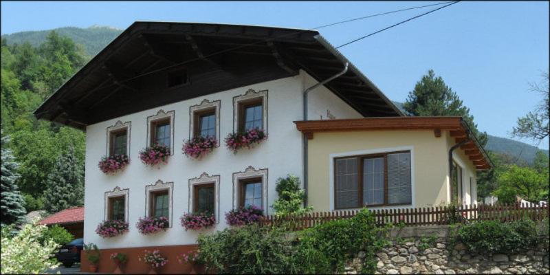 ein Haus mit Blumenkästen auf der Vorderseite in der Unterkunft Haus Janschütz in Flattach