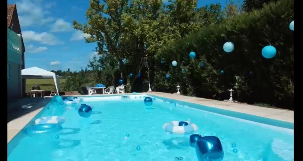 a swimming pool with blue balloons in the air at La Sinaise in Châteaumeillant