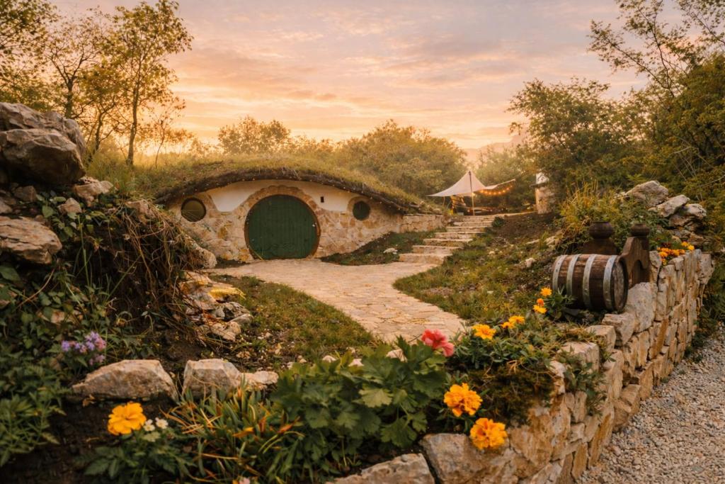 a garden with a stone wall and some flowers at Mobbiton Mostar - Magical Underground Retreat in Mostar