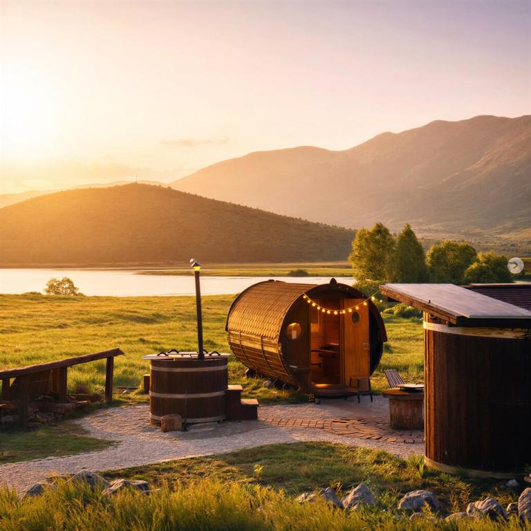 a large tub sitting in a field next to a lake at Barrel Land Blidinje - Drvena bačva za spavanje in Posušje