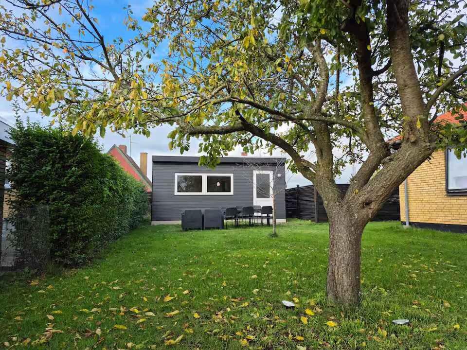 a tiny house in a yard with a tree at Peaceful Base For A Short Getaway in Rønne