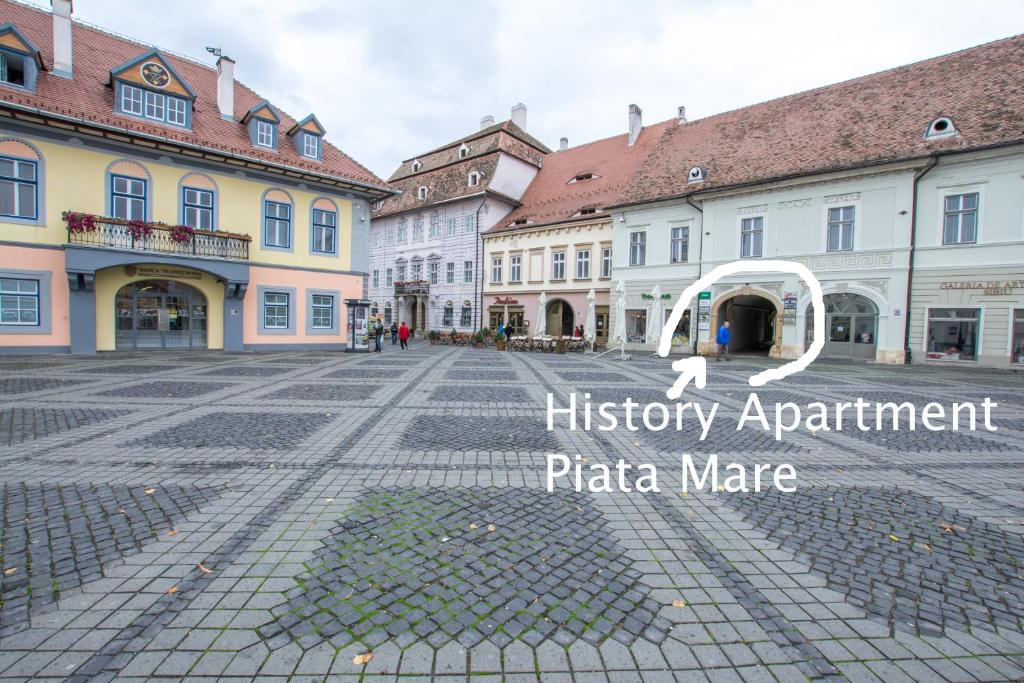 a city square with a historic apartment in a plaza with buildings at History Apartments Piata Mare in Sibiu