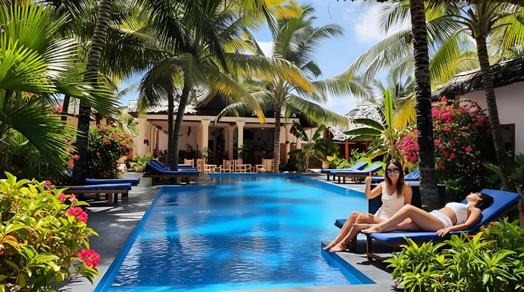 two people sitting on chairs by a swimming pool at a resort at LITTLE POMPEJI Villa - Adults Only in Jambiani