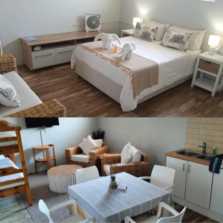 two pictures of a bedroom with a bed and a living room at The Mole Guesthouse in Swakopmund