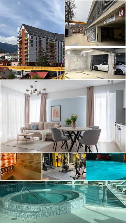 a collage of photos of a living room and a house at Joy Garden Apartment - Free Private Parking - Wellness Jacuzzi SPA Extra Fee in Sinaia