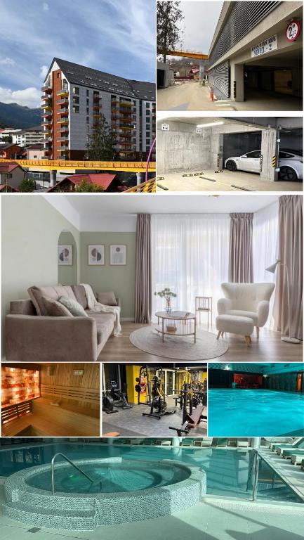 a collage of different pictures of a living room at Dream Garden Apartment - Free Parking - Welness Jacuzzi SPA in Sinaia