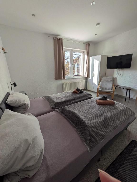 a bedroom with two beds and a chair and a television at Hehlentor-City Gäste Wohnung in Celle