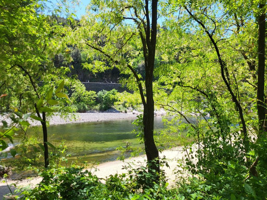 a river with trees and a bridge in the background at Camping La Charderie in Pont-de-Labeaume