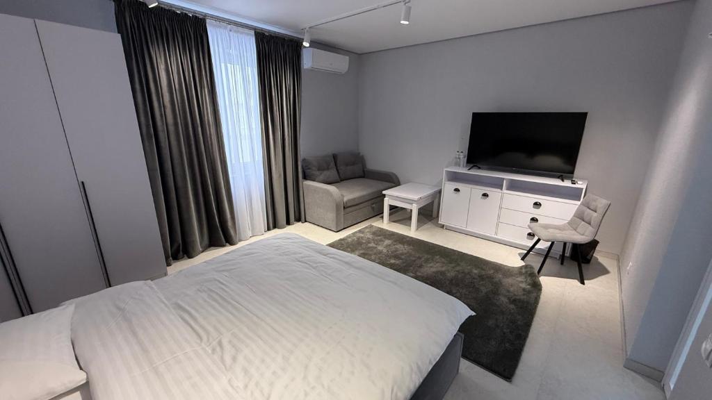 a bedroom with a bed and a tv and a couch at Hostel VinoGrad in Haysyn