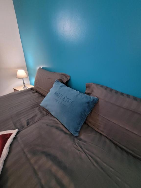 a bed with a pillow on it in a room at À la campagne, studio 25M2-pour 2p, CALME, wifi, jardin, parking in Yèvres