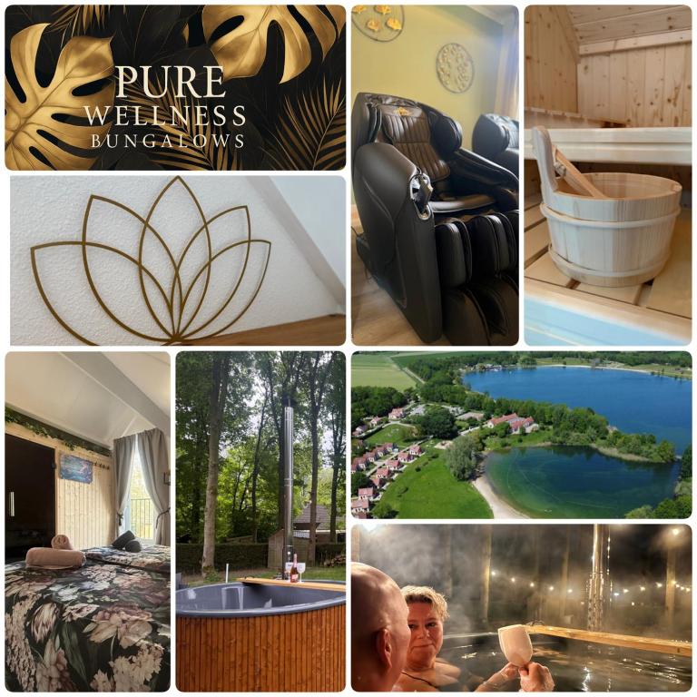 a collage of pictures with a picture of a house at Pure Wellness Bungalows 121 Sauna&Massage&Hottub in Ewijk