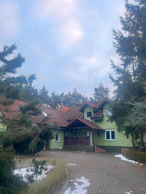 a green house with a red roof at Agroturystyka OLD ROAD 11 in Niedźwiedź