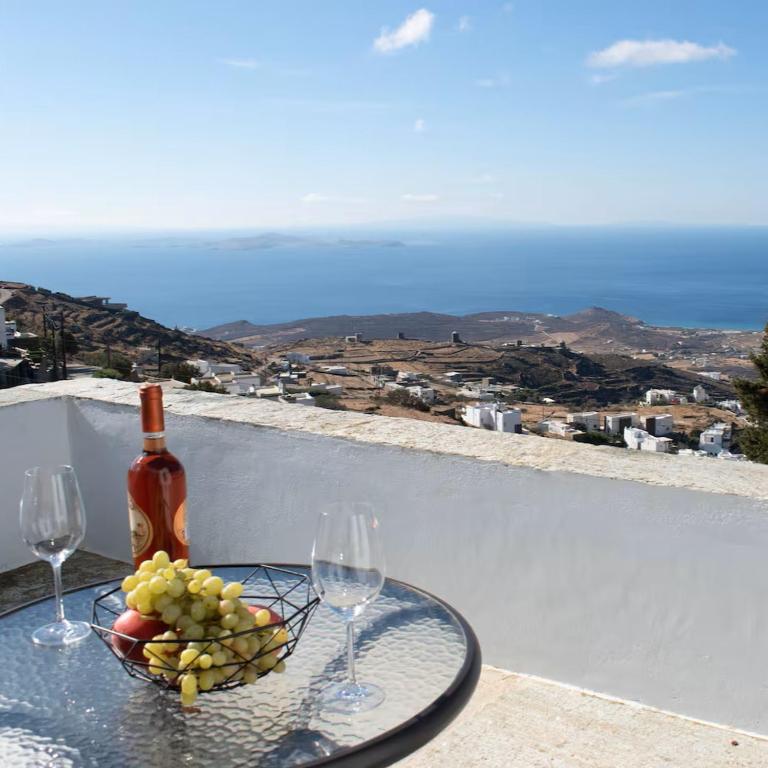 a glass table with a bowl of grapes and a bottle of wine at Terpsithea in Triandáros
