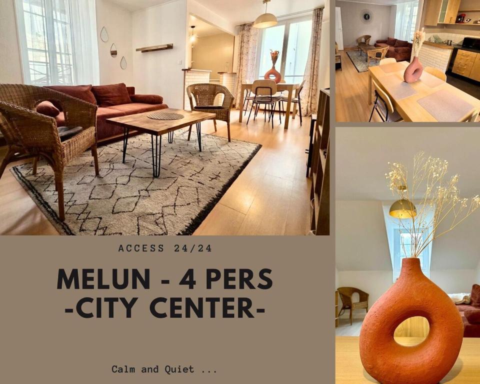 a collage of a living room and a city center at Le Saint Jacques - Downtown in Melun