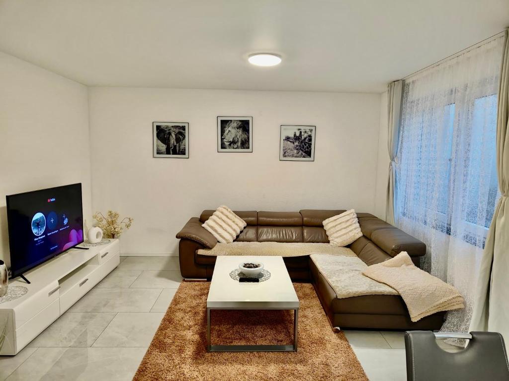 a living room with a couch and a tv at Rio Home in Büsingen
