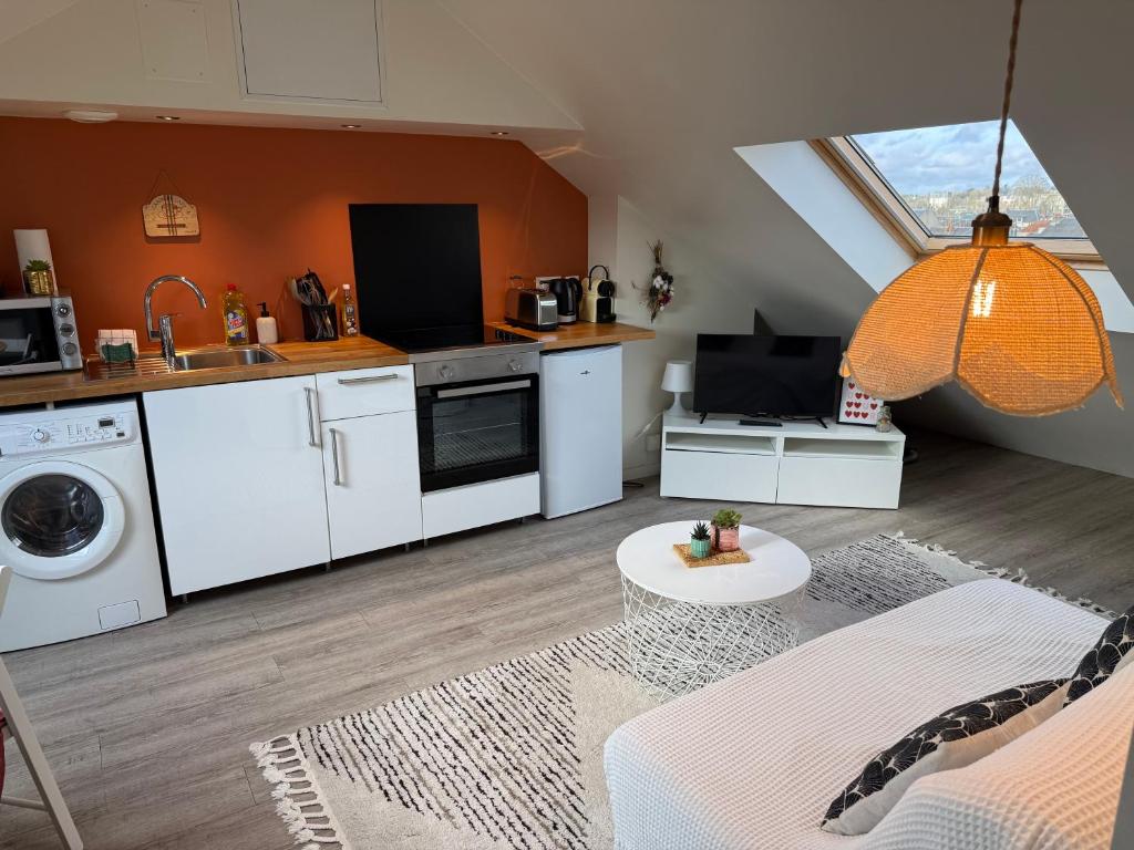 a kitchen and living room with a sink and a dishwasher at Le cocon San Francisco in Tours