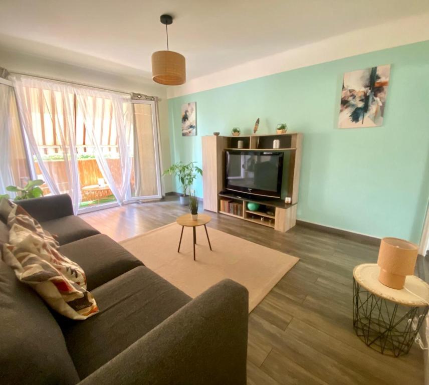 a living room with a couch and a television at Appartement T3 avec grand balcon in Le Pradet