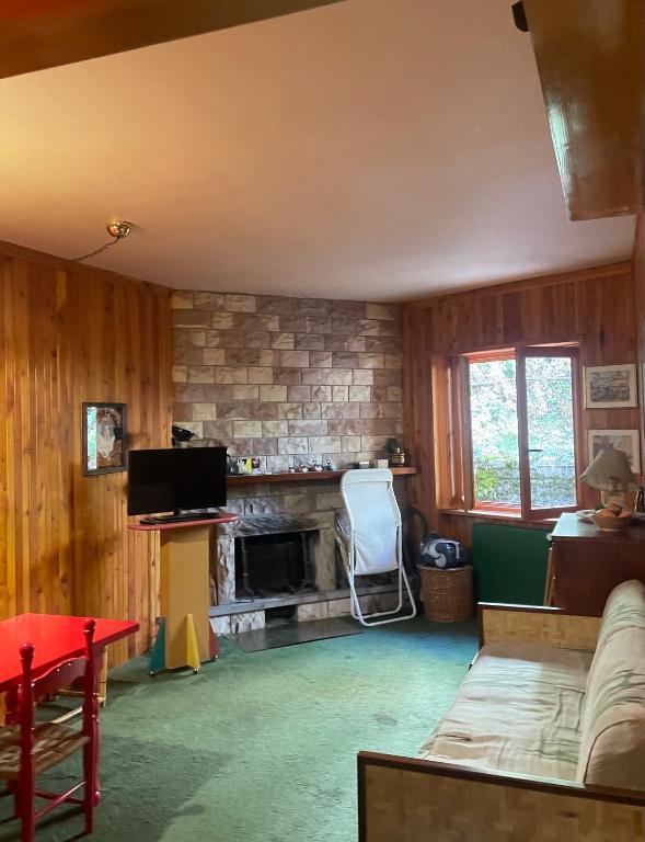 a living room with a couch and a fireplace at Casetta mia, Pian de Valli in Terminillo