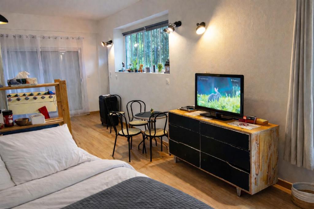 a bedroom with a bed and a television on a dresser at Beau Studio in Gouvieux