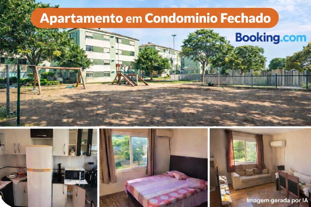 a collage of two pictures of a bedroom and a house at AP familiar com parquinho perto do centro in Pelotas