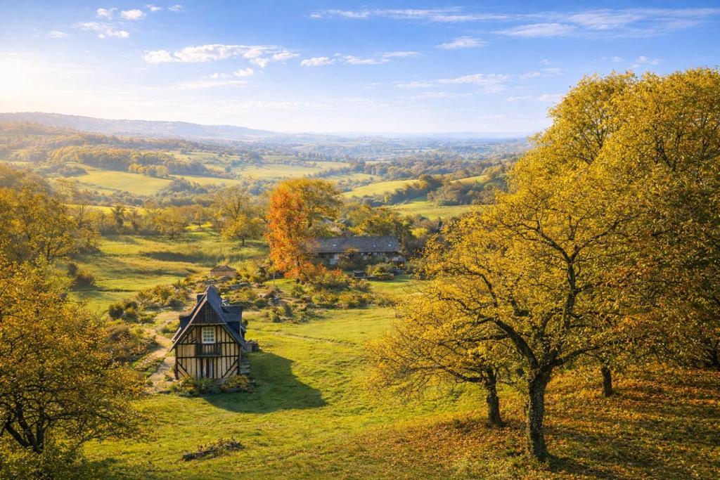 an old barn on a hill with trees in a field at Le Hameau des Prés-Verts, un séjour détente et bien être pour les amoureux de la nature au cœur du Pays d'Auge, en Normandie in Les Champeaux