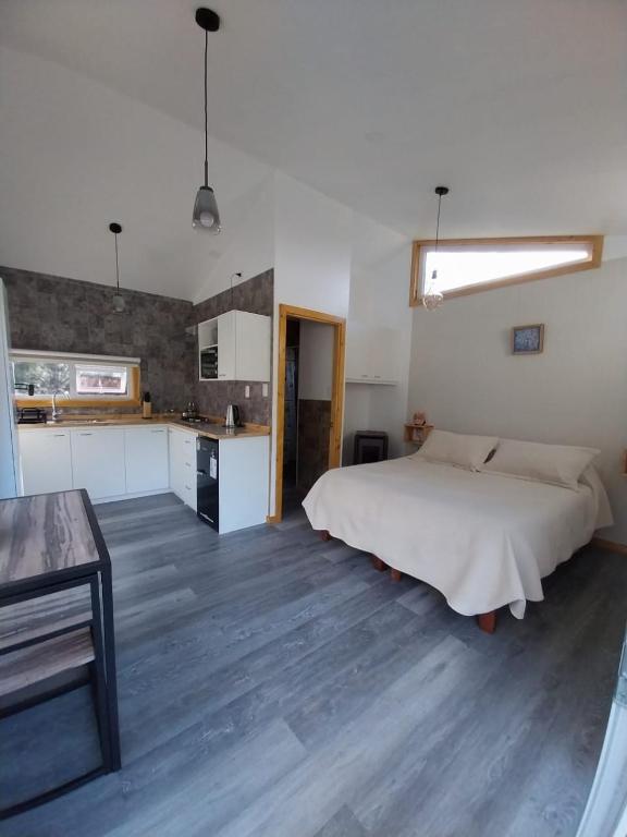 a bedroom with a large bed and a kitchen at Ruta Divisadero in Coihaique