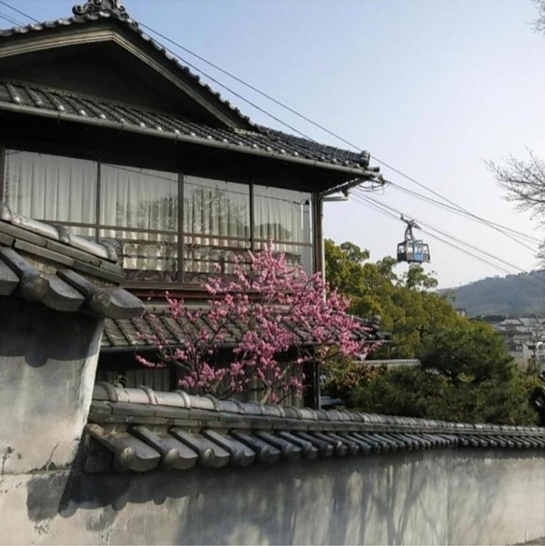 a building with a balcony with a pink flowering tree at x r2602 Ono-Villa in Onomichi