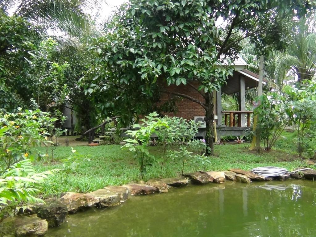 a house with a pond in front of a garden at Tuaprodhome in Khao Lak