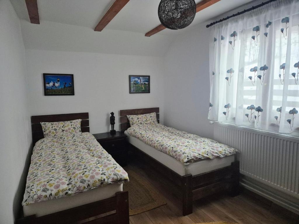 two beds sitting in a room with windows at New and comfortable two bedroom house in Gărâna