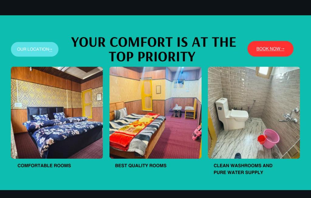 a picture of a bedroom with two beds and a bathroom at Delight Homestay Gulmarg in Gulmarg